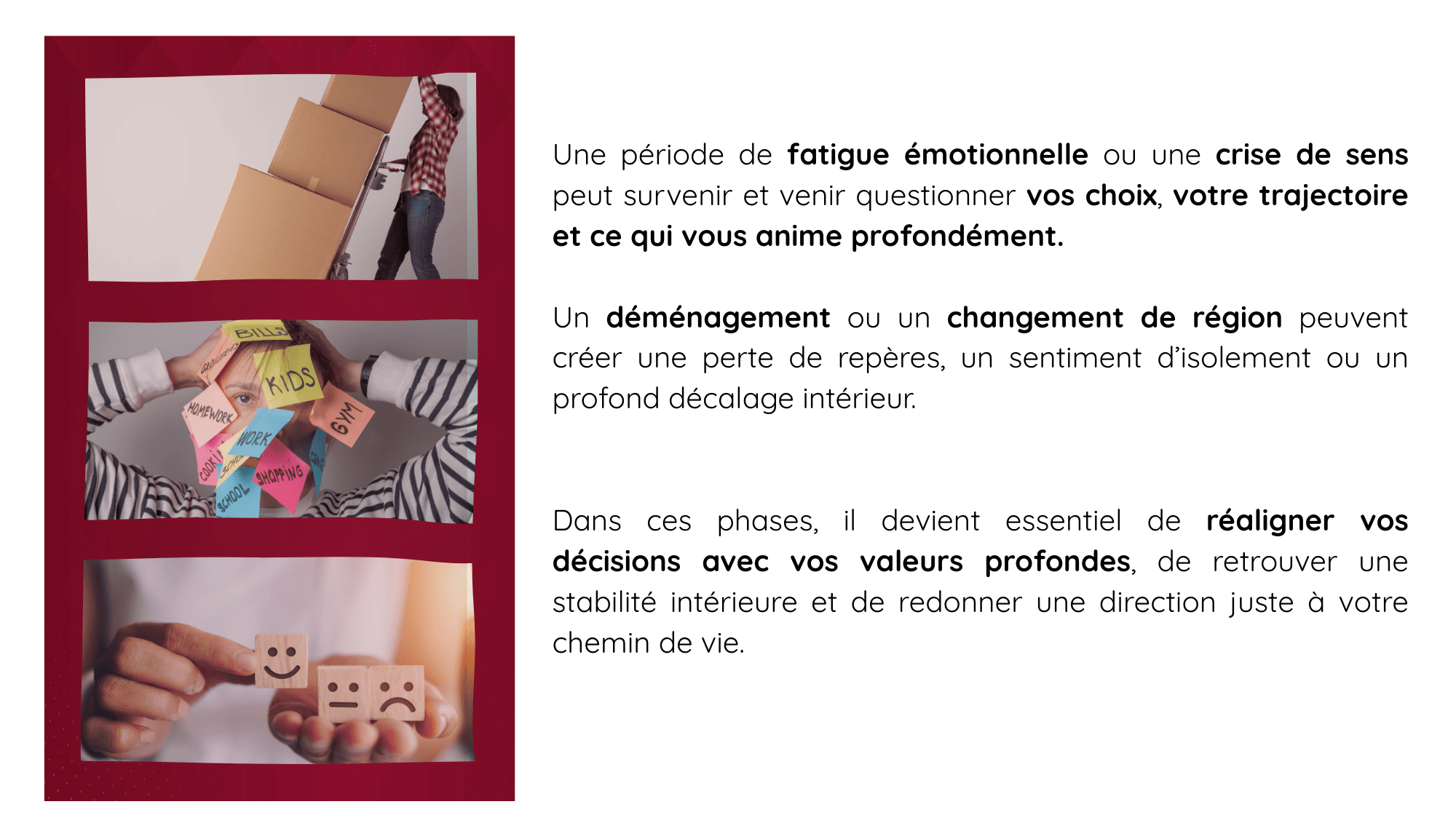 Femme submergée par la charge mentale, un déménagement ou à une période de bouleversement, illustrant une transition intérieure profonde