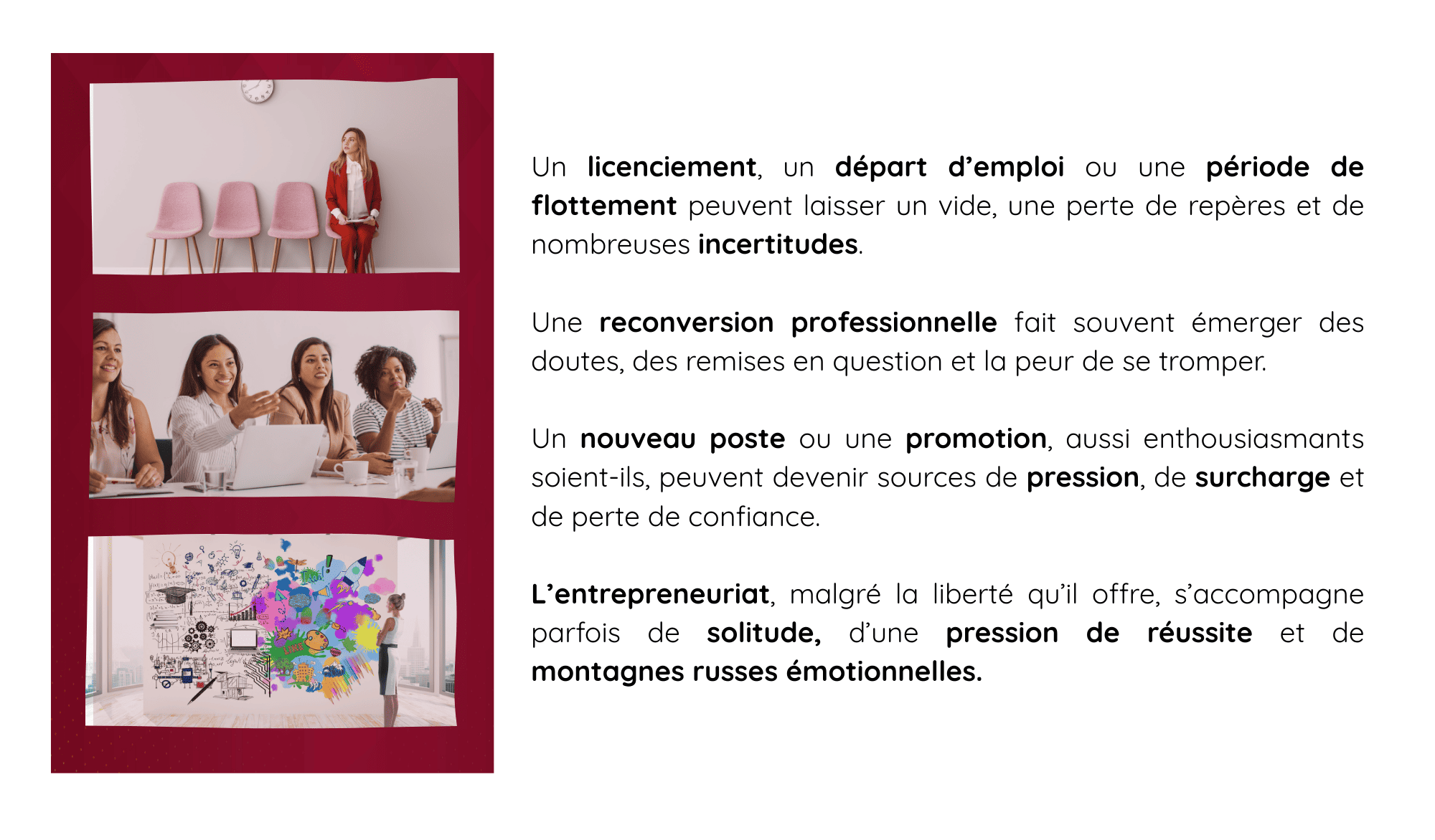 Femmes en situation professionnelle ou en réflexion sur leur avenir, illustrant les transitions de carrière et les questionnements liés au travail
