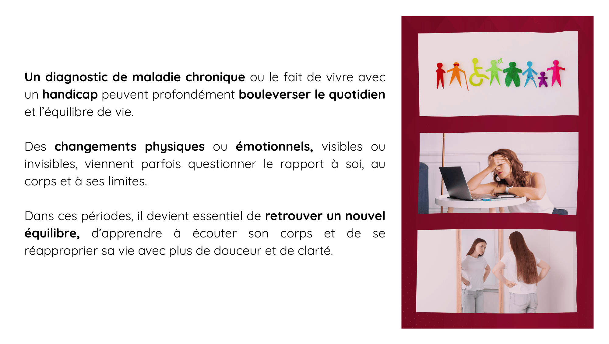 Femme confrontée à son corps, à la fatigue ou à des douleurs, illustrant le lien entre santé, émotions et équilibre de vie