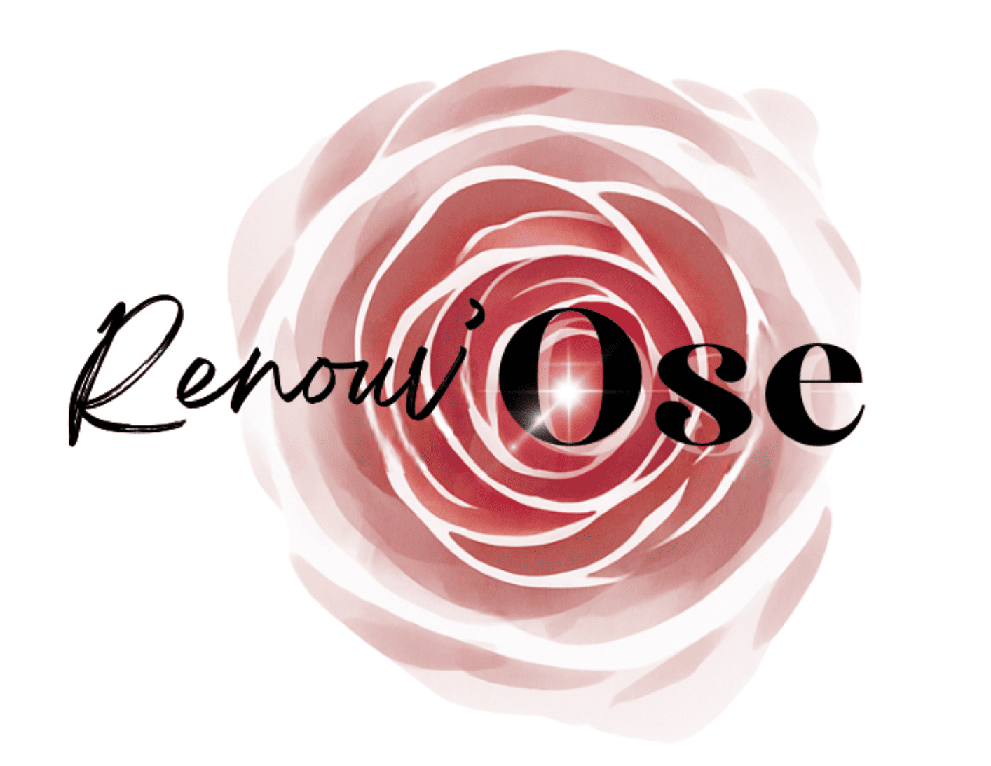 Logo Renouv’Ose avec une rose centrale, symbole de transformation, de renaissance et d’accompagnement féminin